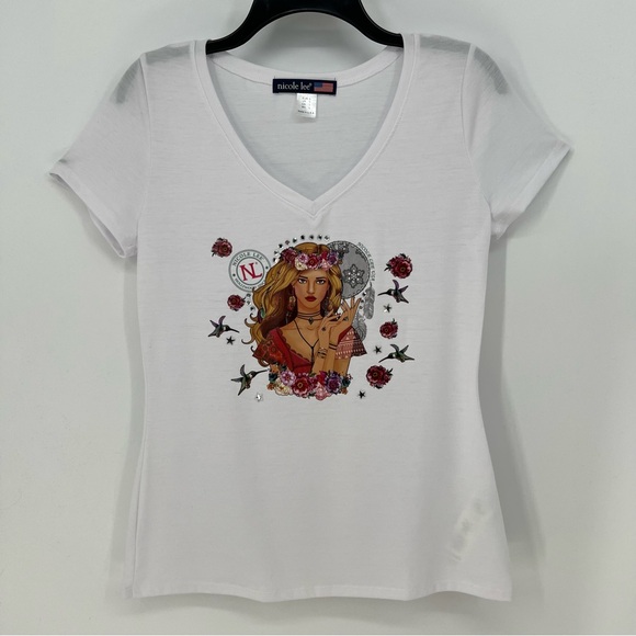 Nicole Lee T-Shirt Womens Large White Slim Short Sleeve V-Neck  Embellished NWOT - Picture 1 of 6